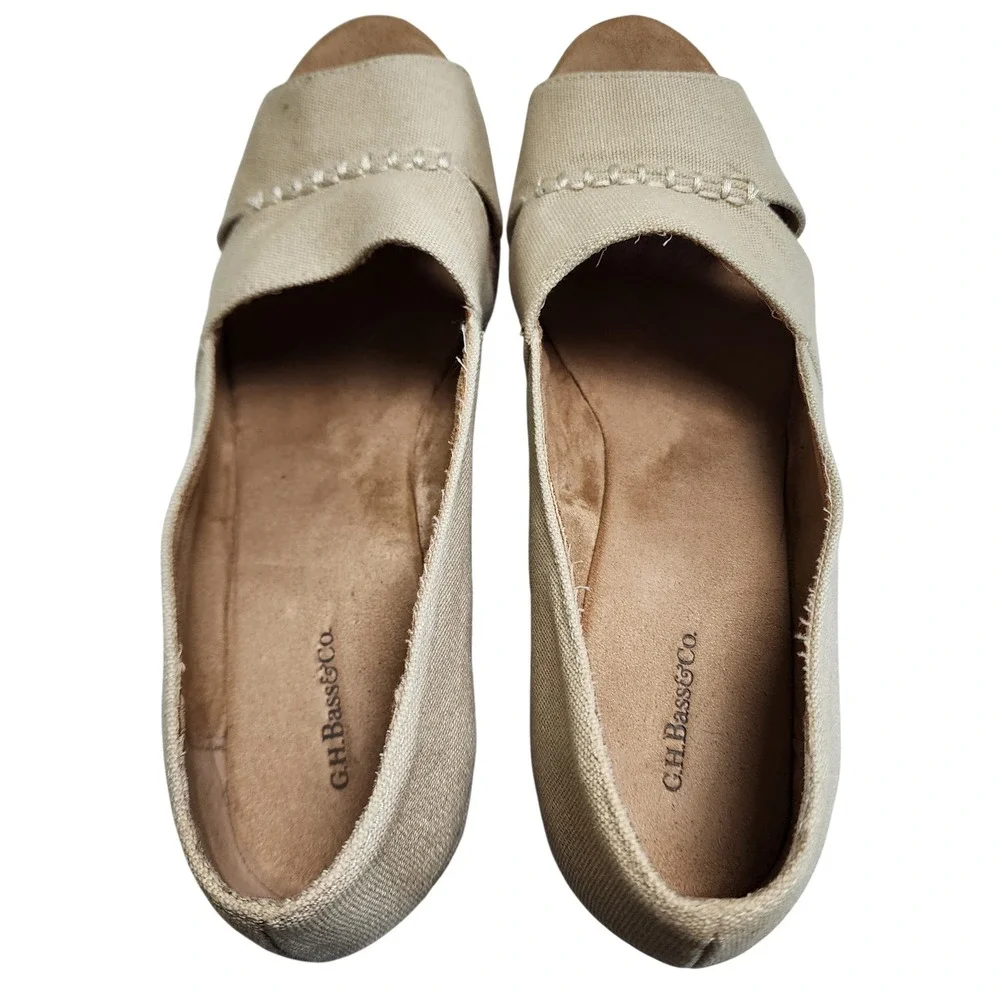 GH Bass & Co Womens Andi Wedge‎ Espadrilles Size 10 Beige Canvas Peep Toe Summer
